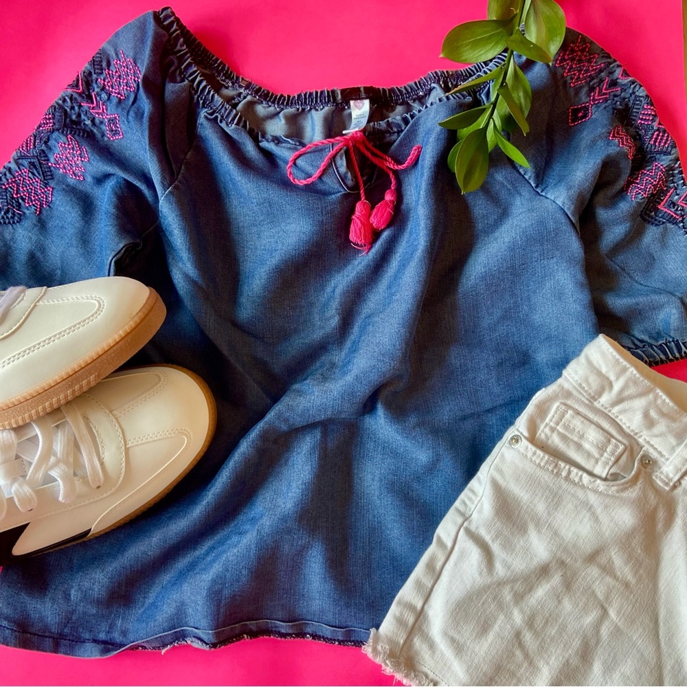 Blue Denim Top with Pink Embroidery